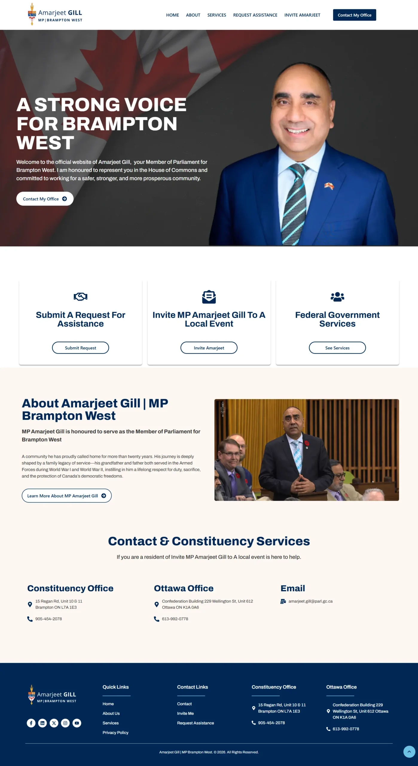 Hero banner with Amarjeet Gill MP Brampton West portrait on the right, Canadian flag backdrop, and the headline 'A Strong Voice for Brampton West' left.
