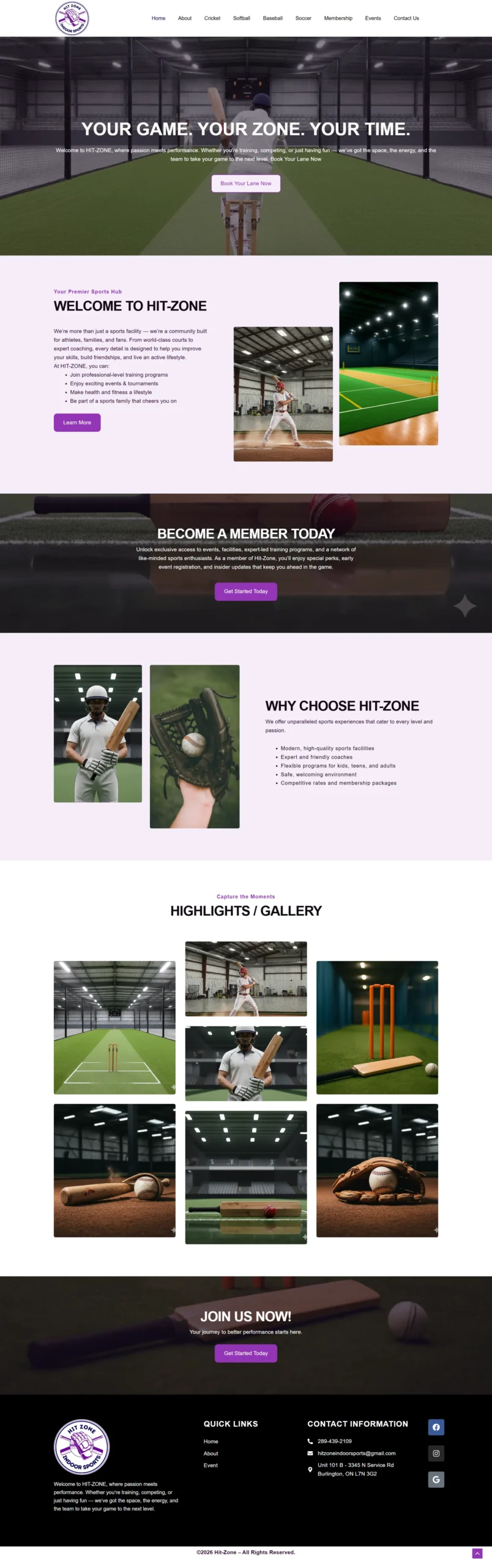 Indoor cricket facility hero: batter at crease with slogan 'Your Game. Your Zone. Your Time.' and 'Book Your Lane Now' CTA