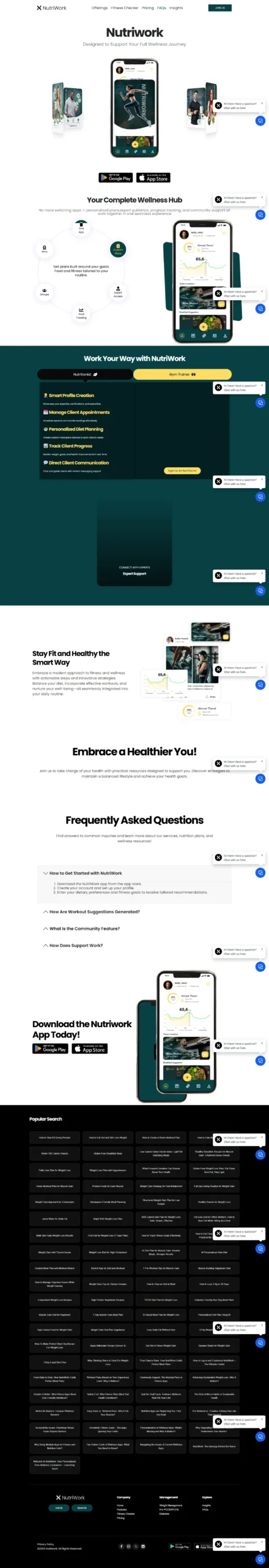Marketing landing page for NutriWork app showing device images, app screens, and download badges (Google Play / App Store).