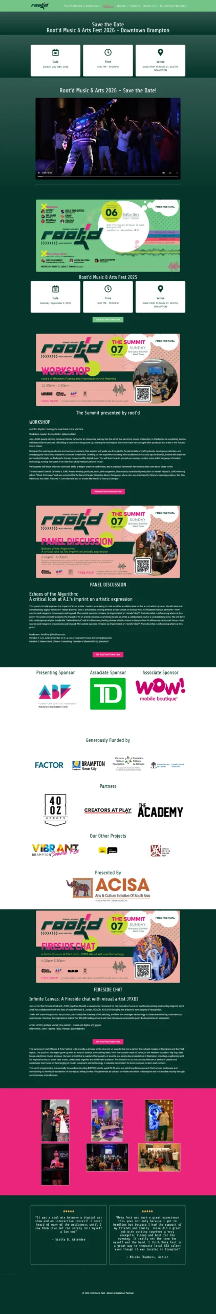Dark-green themed event website with a Save the Date header, three info cards, a video showcase, posters, and sponsor logos.