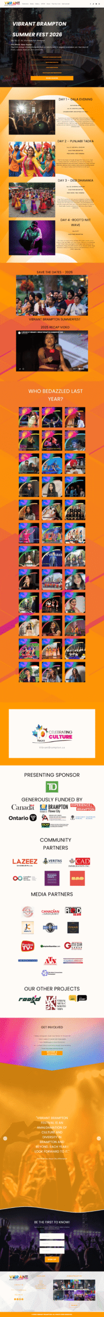 Vertical poster for Vibrant Brampton Summer Fest 2026 with daily event panels, photo gallery, sponsor logos, and call-to-action elements.